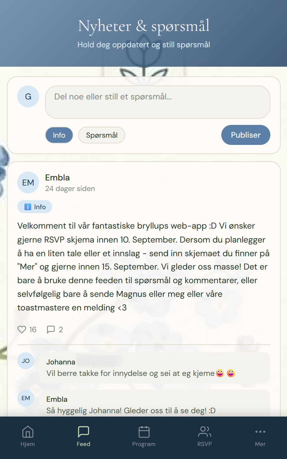Nyheter og spørsmål i bryllupsappen