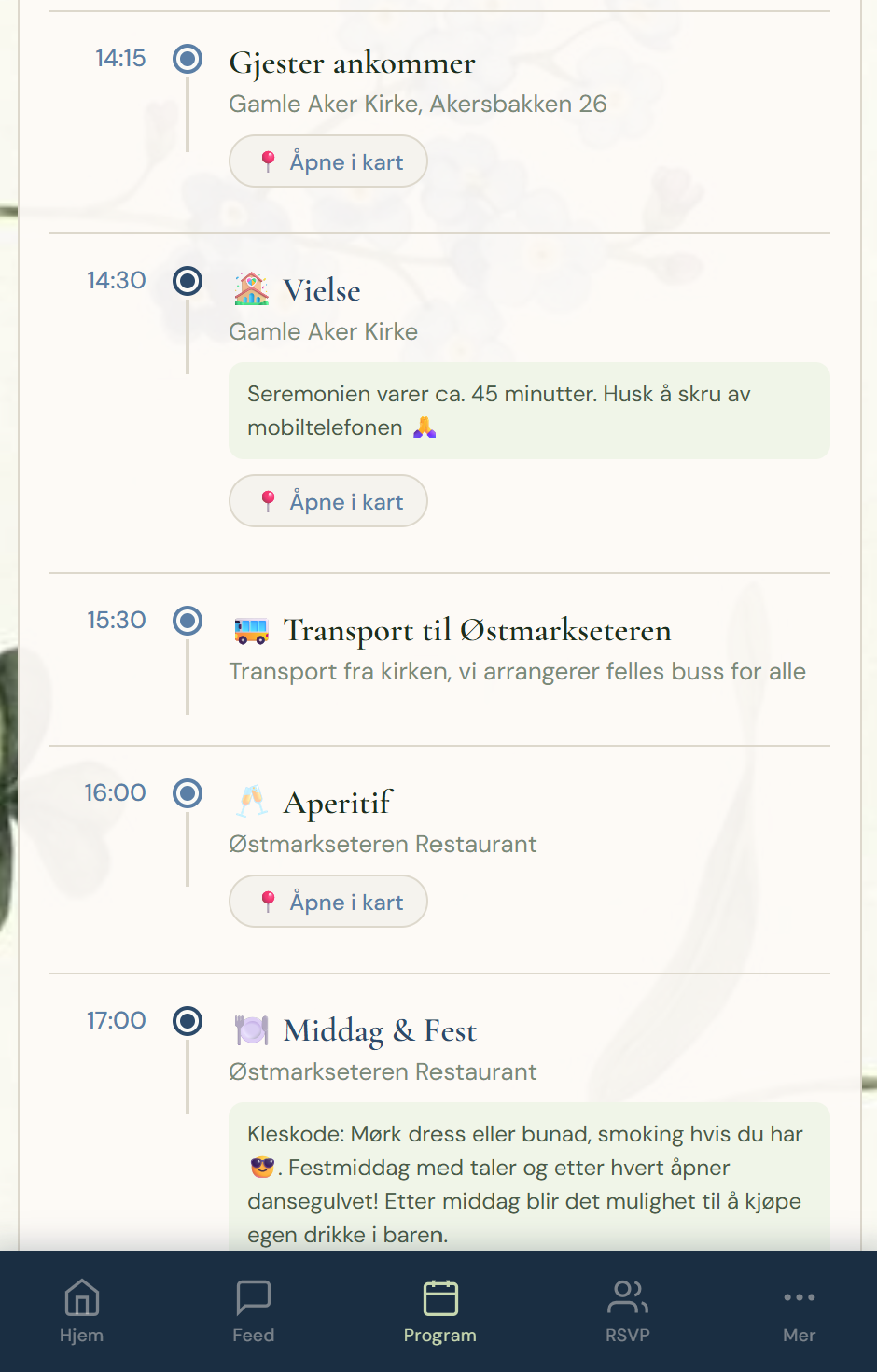 Programoversikt i bryllupsappen